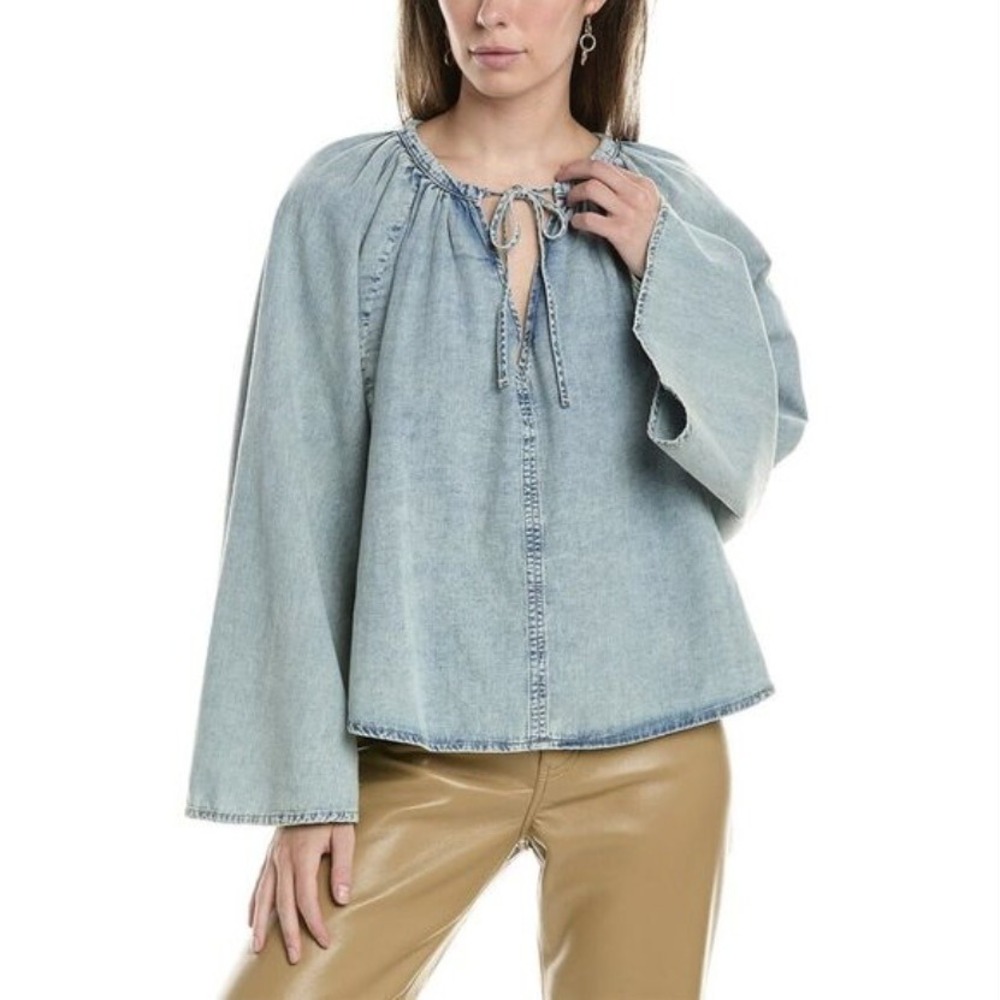 FRAME Aries Denim Linen Peasant‎ Blouse Acid Wash Blue WW23DWT003 Womens XS